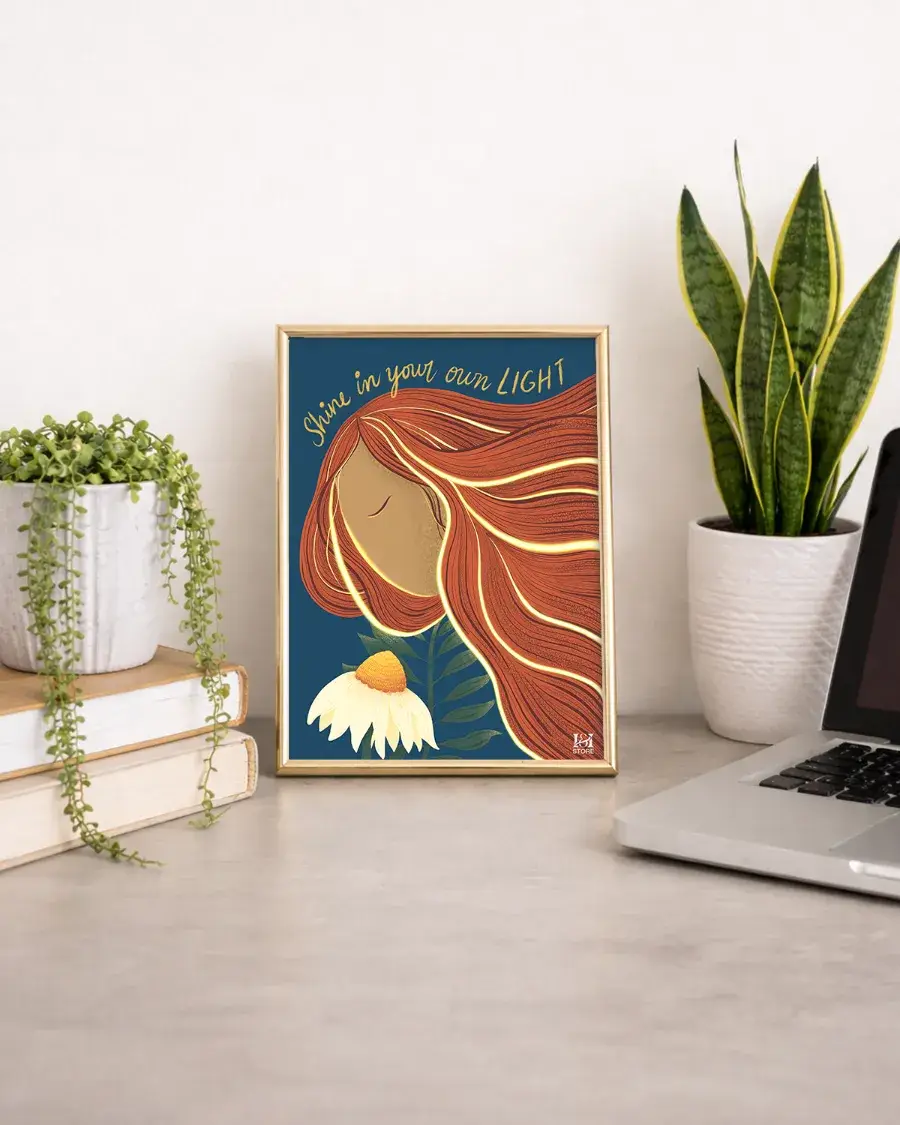Shine in your own light Islamic art print in a frame on a desk